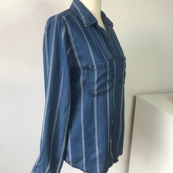 Blue White Striped Button Down Blouse - Picture 5 of 8
